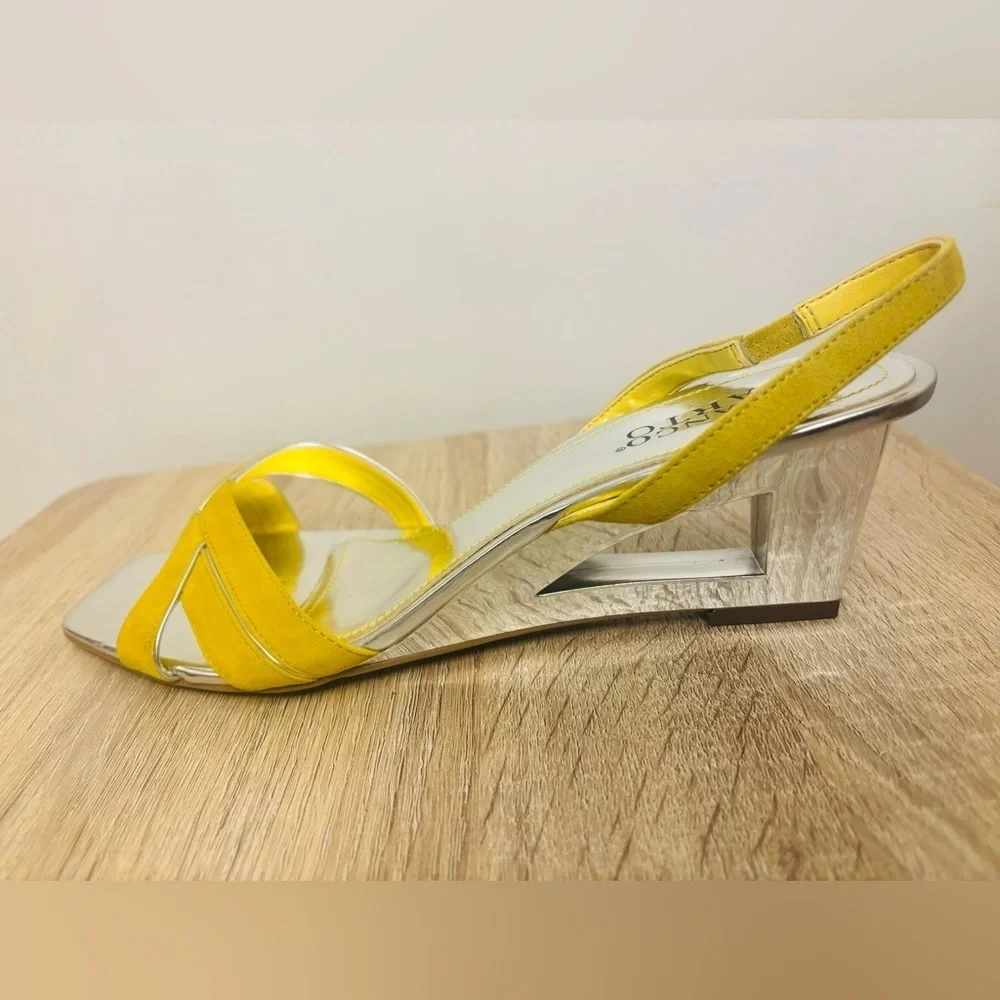 Franco Sarto Yellow and Silver Wedge Shoes with Geometric Straps Size 10